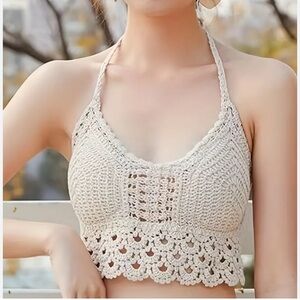 ROMWE Cream Crochet Halter Crop Top